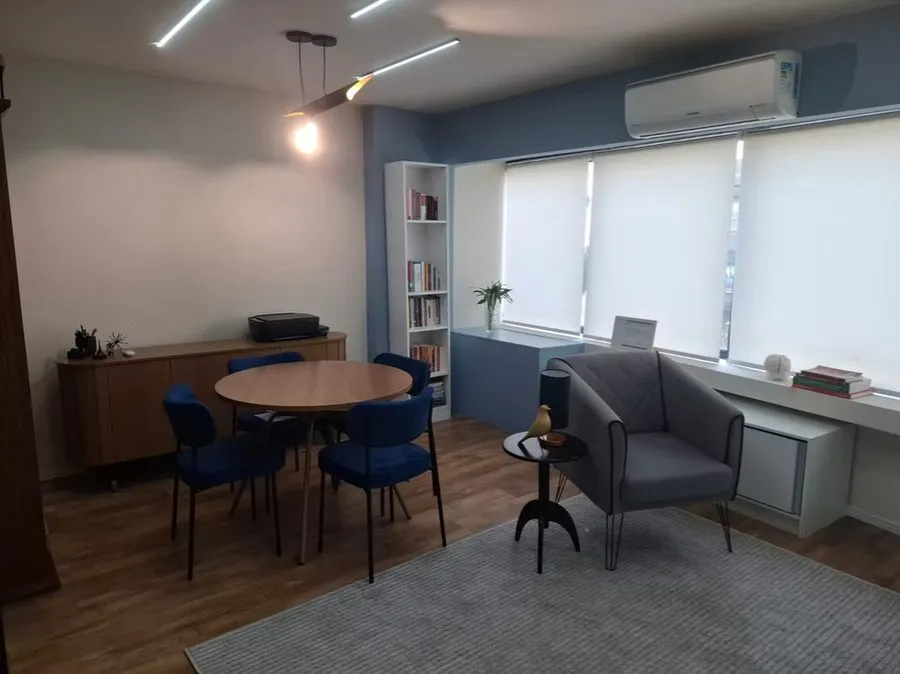 Wide view of the space with sofa and dividing shelf — Teodoro Sampaio